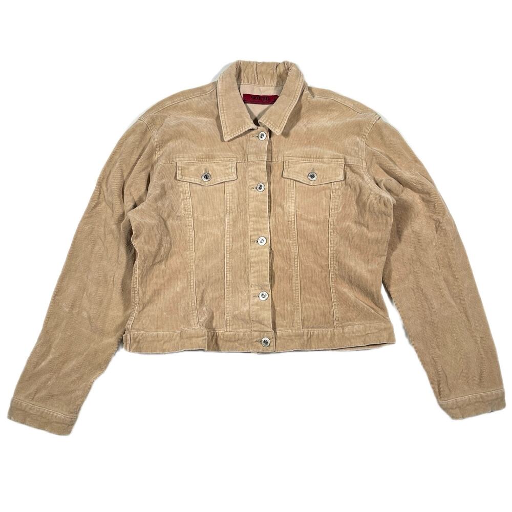 Womens Solid Brand Corduroy Brown Cropped Button Up Jacket Size 3XL B40